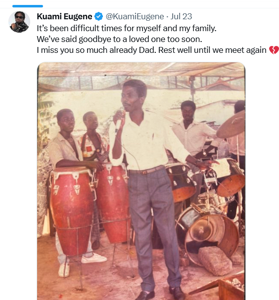 TheGhanaPlus's tweet photo. Celebrated Ghanaian Musician Kuami Eugene has announced the passing of his father, Mr Alex Marfo.

Our hearts and prayers goes out to him and his entire family in this difficult times.
🙏🙏🙏🙏🙏🙏🙏🙏🙏🙏🙏🙏🙏 https://t.co/rbNMyC07pO