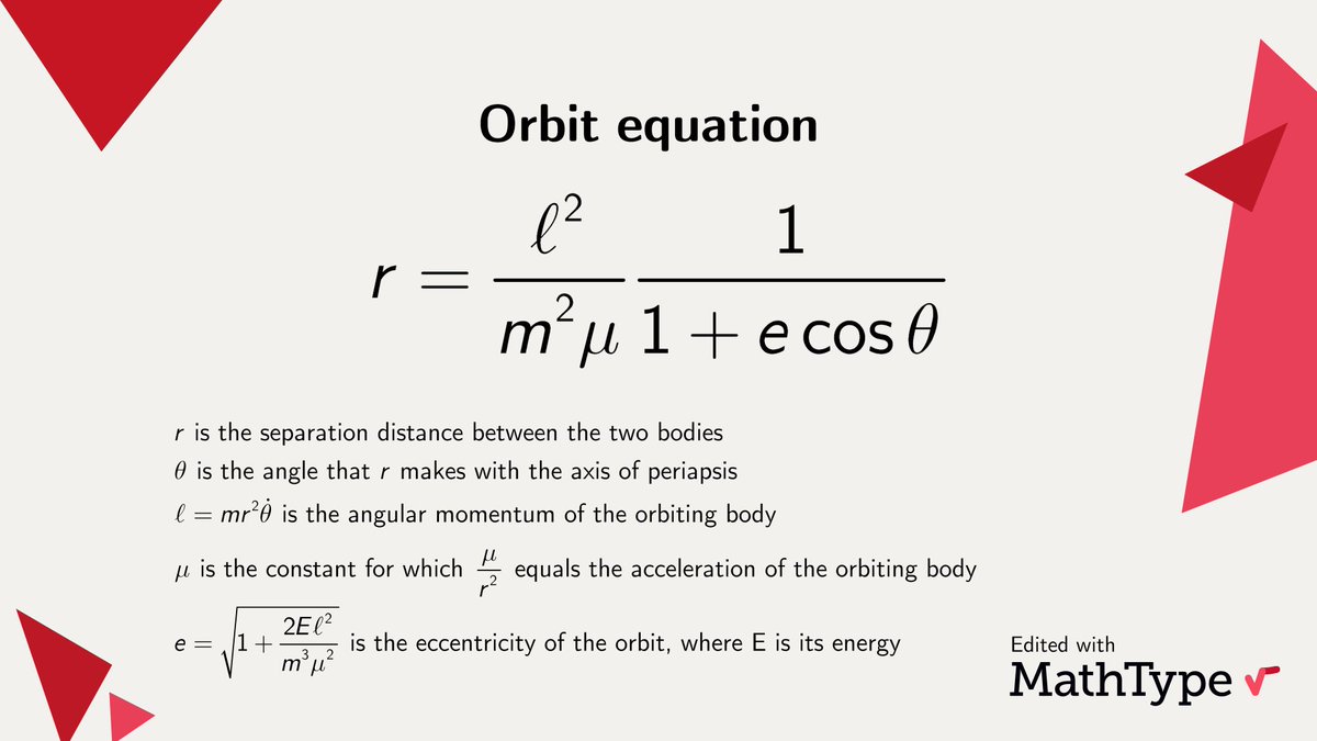 MathType's tweet image. Here’s a model of an orbit equation for a two-body system that defines the path of the orbiting body.
#MathType #math #mathematics #mathematical #mathematician #mathproblems #mathfacts