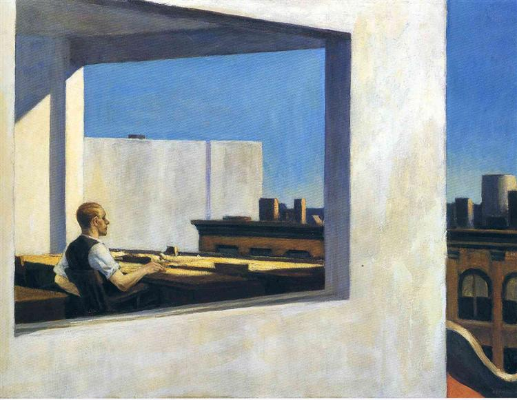 Good morning, my dear Twitter friends. ☀️ ☕️☕️ Happy Monday! 🤗 Let's make it happen! 🕺💃 'Office in a Small City' by Edward Hopper; Date: 1953; Style: New Realism. 🧑‍🎨🎨