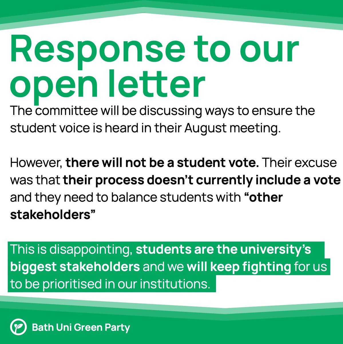 bathunigreens's tweet photo. We have been running a campaign to democratise education and get students a vote on our new vice chancellor.

The response is disappointing. Students are the university’s biggest stakeholders and should be treated as such.

We will keep fighting to get students heard ✊ https://t.co/7dhFLrdqqF