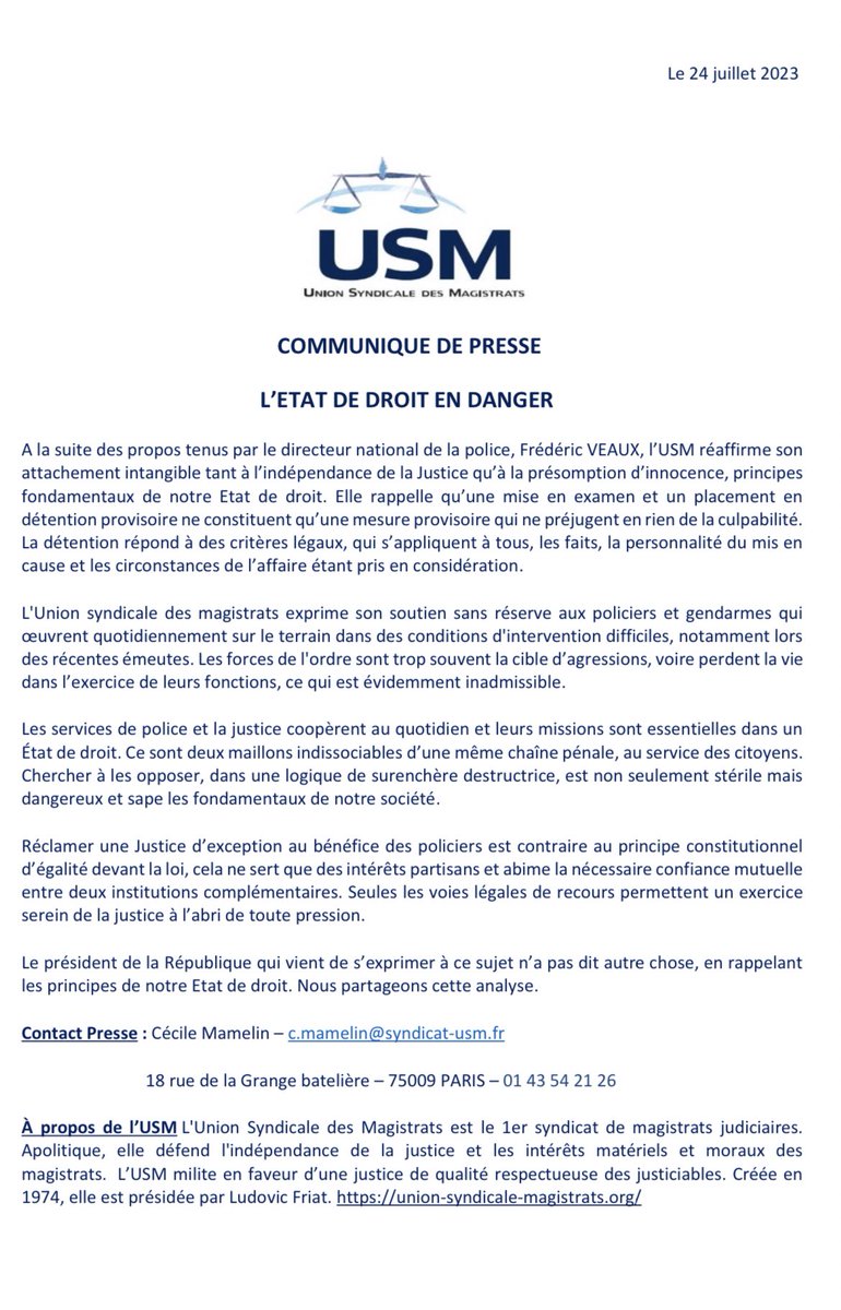 [Info] ‼️L’USM majoritaire et apolitique donne le point de vue des magistrats, après les propos dangereux du Directeur de la police nationale, suite au placement en détention provisoire d’un policier 👮‍♂️ Notre communiqué de presse ⬇️
<a href="/Interieur_Gouv/">Ministère de l'Intérieur</a> 
<a href="/NunezLaurent/">Laurent Nuñez</a> 
<a href="/GDarmanin/">Gérald DARMANIN</a>