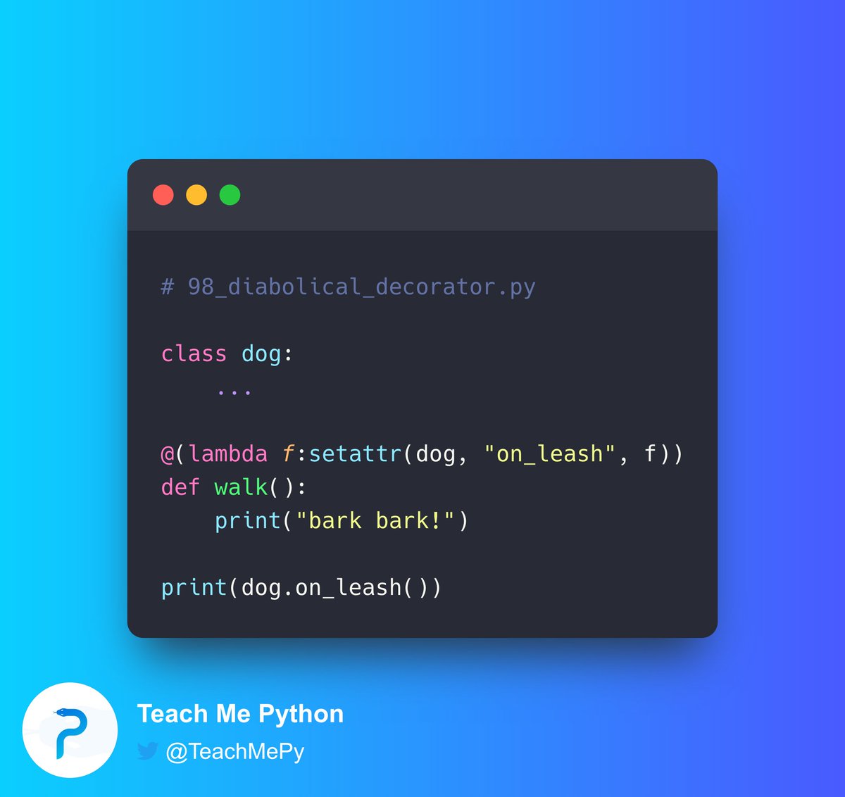 driscollis's tweet image. #Python Pop Quiz 🐍❓
What does this code print out in Python 3.9+?
A) SyntaxError
B) bark bark!
None
C) bark bark!
D) None of the above