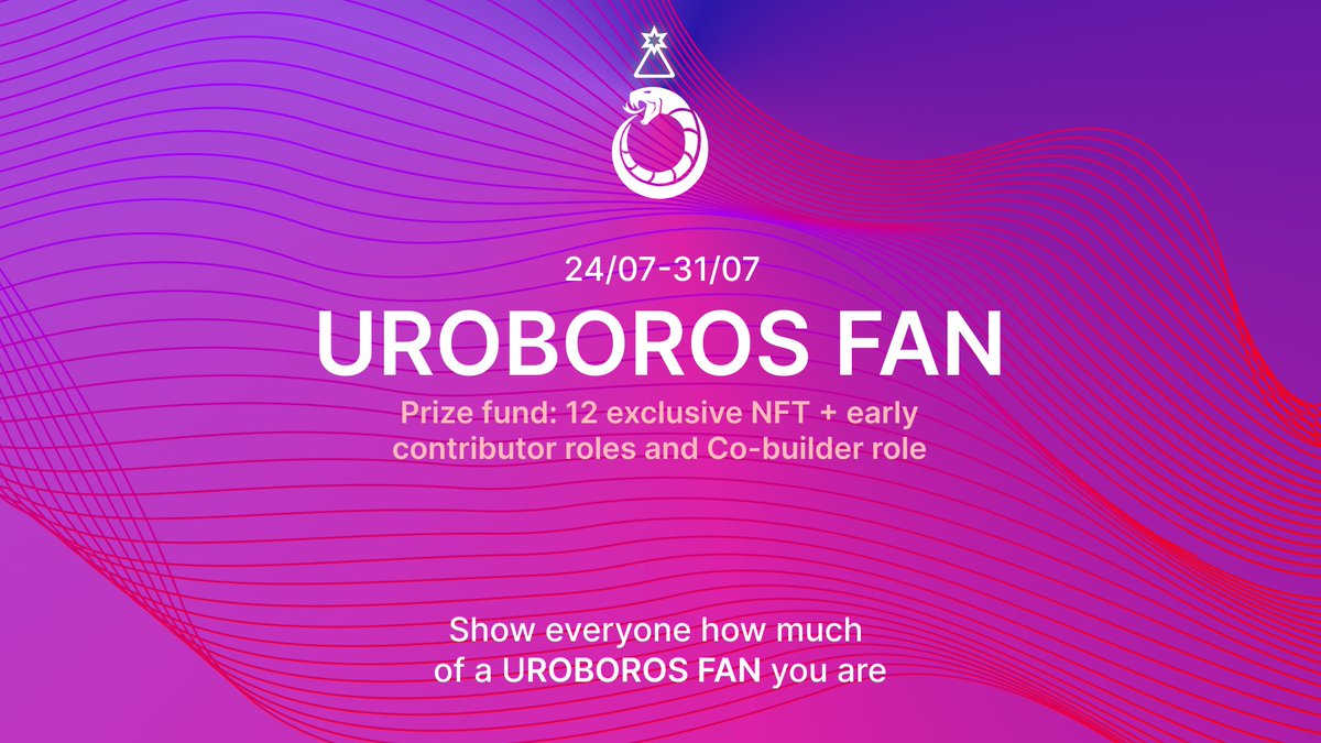 1/3🎉🐍 Join the Uroboros Fan Contest and show your love for the project! 🚀💙 🏆 Prize Pool: 12 exclusive #NFTs, early contributor roles, and the prestigious Co-builder role! 🎁🔥 To Enter: 1. ❤️, RT + Follow @uroborosdefi