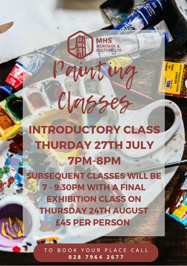 We have two spaces remaining for our upcoming Painting Classes.
The Classes will begin with an introductory session on Thursday 27th July from 7pm to 8pm with subsequent classes 7pm to 9.30pm and a final exhibition class on Thursday 24th August.