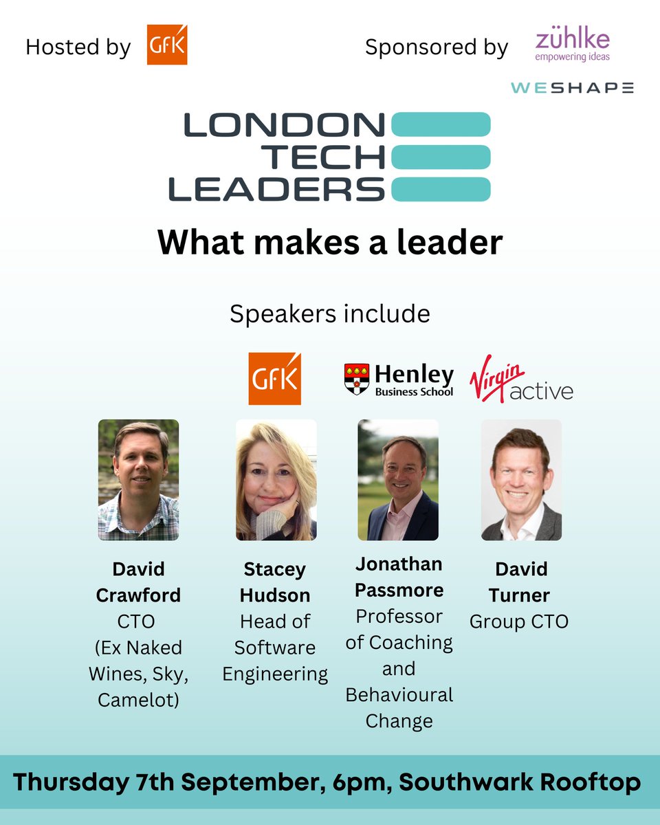 Our 14th London Tech Leaders event, focused on leadership, is set to take place on September 7th! This exclusive event will take place at @GfK's office and is proudly sponsored by @Zuhlke_UK, @weshape_io and @UptimeLabs. Sign up below: londontechleaders.io/event/london-t…