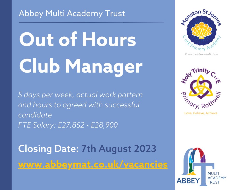 We're recruiting for an Out of Hours Club Manager to work across The Ark @ht_rothwell, and also Merlin's Club at @msjprimary - it's a varied role working with our pupils, staff and parents, with flexible hours. abbeymat.co.uk/vacancies @leedsjobs @JCPinWestYorks @Leedsjobstoday