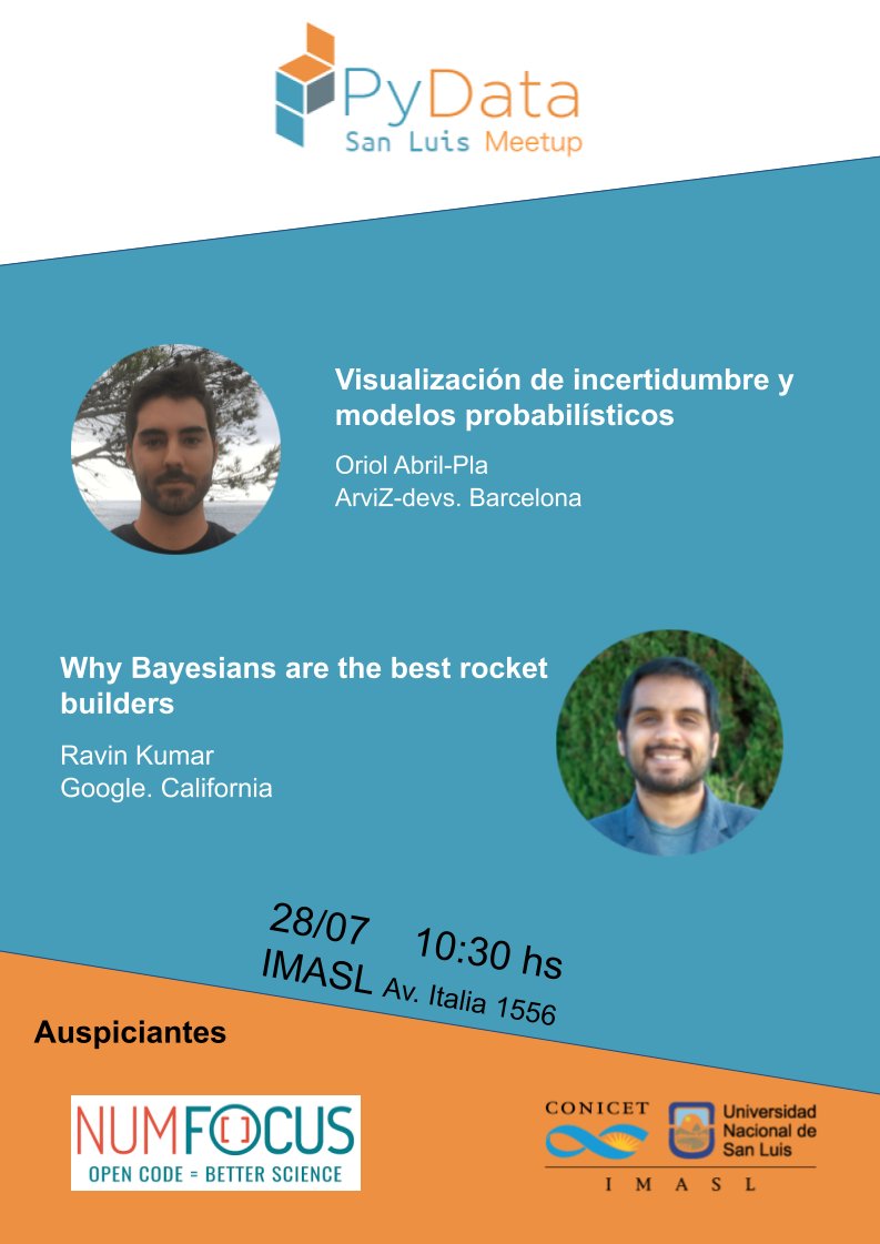¡Vuelve PyData Meetup San Luis!
En esta oportunidad: 

"Visualización de incertidumbre y modelos probabilísticos" a cargo de Oriol Abril-Pla (<a href="/OriolAbril/">Oriol Abril Pla</a> ) ArviZ-devs. Barcelona.

"Why Bayesians are the best rocket builders" a cargo de Ravin Kumar (<a href="/canyon289/">Ravin Kumar</a> ) Google. California
