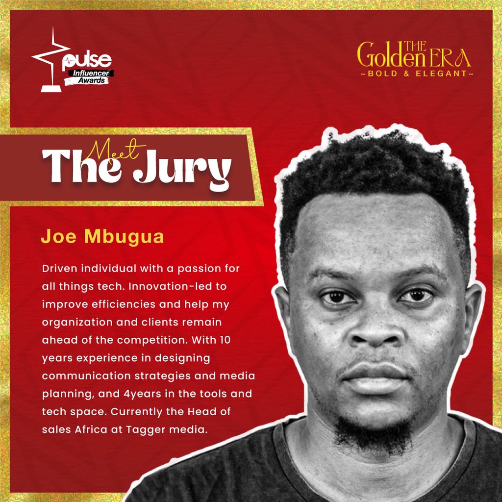PulseUganda's tweet photo. We are pleased to announce @joembugua as a Jury Member for this year’s Pulse Influencer Awards 🥳

#PulseInfluencerAwards2023
#PulseInfluencerAwardsUganda https://t.co/XJhUv8GIUf