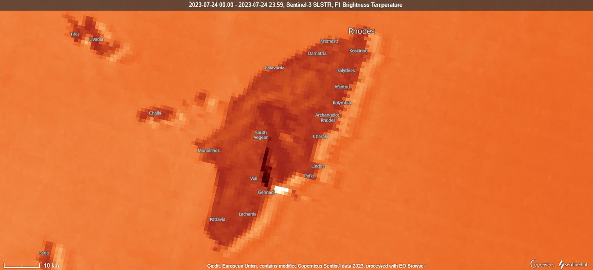 SHS_Space's tweet photo. #wildfires Rhodes 🇬🇷 Top row: Sentinel-3 24/07/23 OLCI nat. colour. (L); STSLR ref. temp. (R).Bottom row: Sentinel-2 23/07/23 Nat. col. (L); SWIR (R). The extent of the burn can be seen in the S-2 SWIR image in blue-grey colours. (Data @sentinel_hub, @CopernicusEU, @ESA_EO) https://t.co/p34hW1ayo9