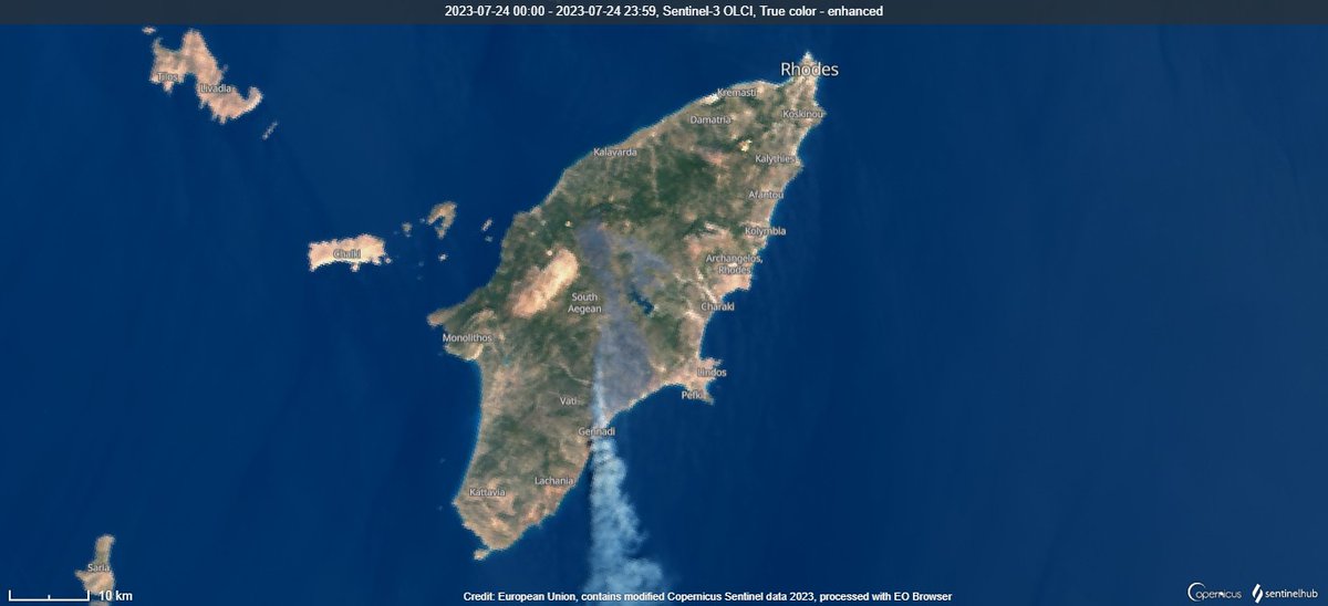 SHS_Space's tweet photo. #wildfires Rhodes 🇬🇷 Top row: Sentinel-3 24/07/23 OLCI nat. colour. (L); STSLR ref. temp. (R).Bottom row: Sentinel-2 23/07/23 Nat. col. (L); SWIR (R). The extent of the burn can be seen in the S-2 SWIR image in blue-grey colours. (Data @sentinel_hub, @CopernicusEU, @ESA_EO) https://t.co/p34hW1ayo9