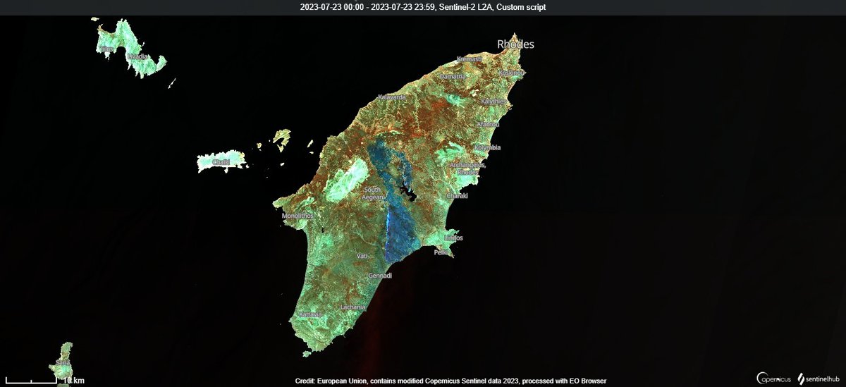 #wildfires Rhodes 🇬🇷 Top row: Sentinel-3 24/07/23 OLCI nat. colour. (L); STSLR ref. temp. (R).Bottom row: Sentinel-2 23/07/23 Nat. col. (L); SWIR (R). The extent of the burn can be seen in the S-2 SWIR image in blue-grey colours. (Data <a href="/sentinel_hub/">Sentinel Hub</a>, <a href="/CopernicusEU/">Copernicus EU</a>, <a href="/ESA_EO/">ESA Earth Observation</a>)
