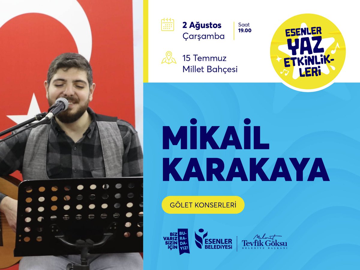 #Esenler  Yaz Etkinlikleri kapsamında  Esenler 15 Temmuz Millet Bahçesinde #GöletKonserlerinde  sizlerle beraber olacağım 🎙️🎵🎶🎸

Seslendirmemi istediğiniz şarkıları yazabilirsiniz 🎸🎶🎵🎙️

#esenlerbelediyesi 
#esenlerkültür 
#müzik 
#canlımüzik 
#yaz 
#konser