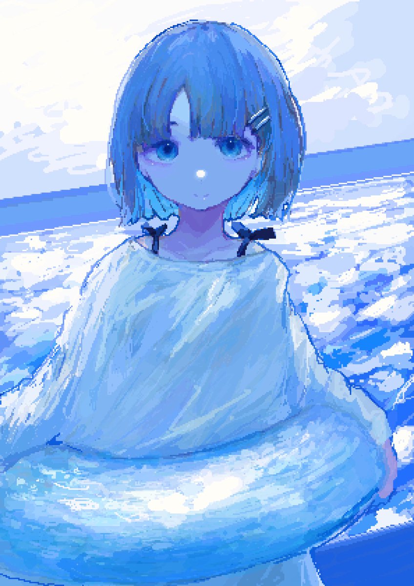 1girl solo looking at viewer ocean innertube hair ornament blue hair  illustration images