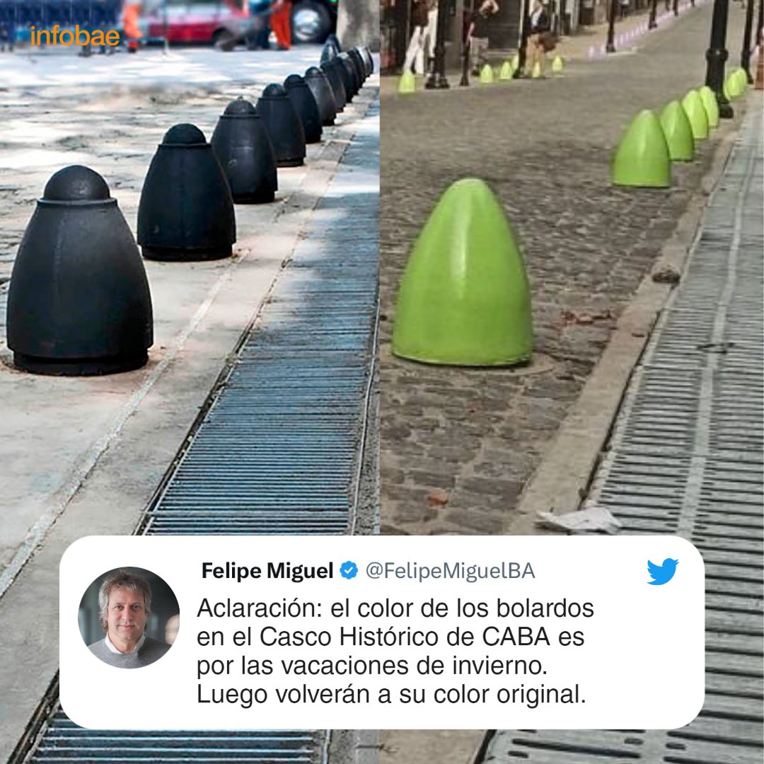 infobae's tweet photo. El Gobierno de la Ciudad explicó por qué pintó de verde los bolardos de San Telmo https://t.co/guy9oR6by3 https://t.co/IMa0UUmQqo