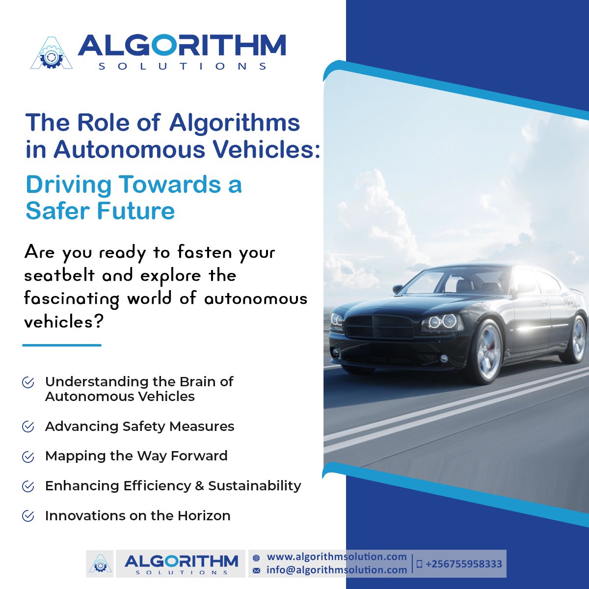 Algorithmsoln's tweet photo. From machine learning to artificial intelligence, the future of autonomous vehicles holds limitless possibilities.
Join us on this exciting journey as we explore the incredible potential of algorithms #AutonomousVehicles #AlgorithmsInTech #DrivingTowardsSafety #InnovationInMotion https://t.co/4m5P23Vsg8