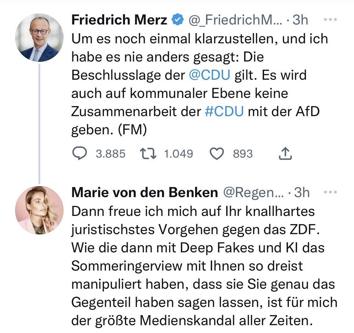 😅😅😅😅😅🤡🍻
Er will es also NOCHMAL klarstellen?!
Wir sind also alle zu blöd und der Deutschen Sprache nicht mächtig??
#intelligenzdilemma 

<a href="/Regendelfin/">Marie von den Benken</a> 
<a href="/_FriedrichMerz/">Friedrich Merz</a> 
<a href="/cducsubt/">CDU·CSU</a> 
#Brandmauer 
#BrandmauernachRechts 
#merzruecktrittjetzt