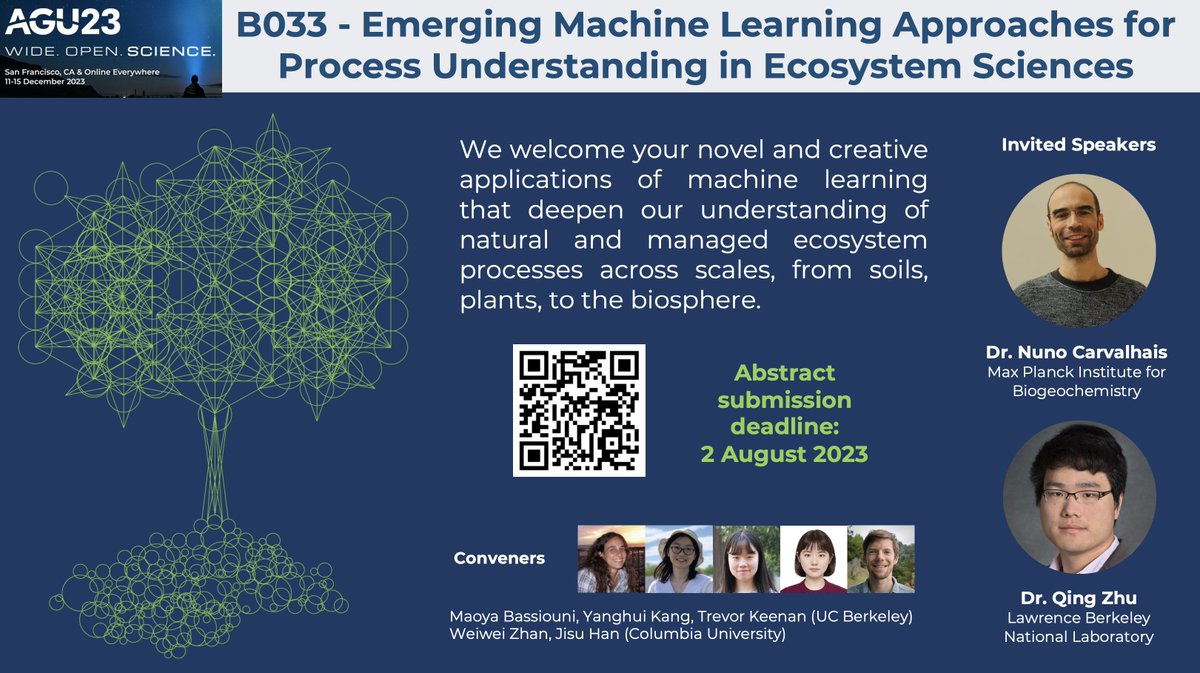 WeiweiZhan98's tweet photo. 🌱🤖 Working on the applications of #MachineLearning on Ecosystem Sciences?

Submit your abstract to #AGU2023 session B033 - "Emerging Machine Learning Approaches for Process Understanding in Ecosystem Sciences" co-hosted by Maoya, @YanghuiKang @JisuHan10 @trevorkeenan ! https://t.co/XIpUND20b0