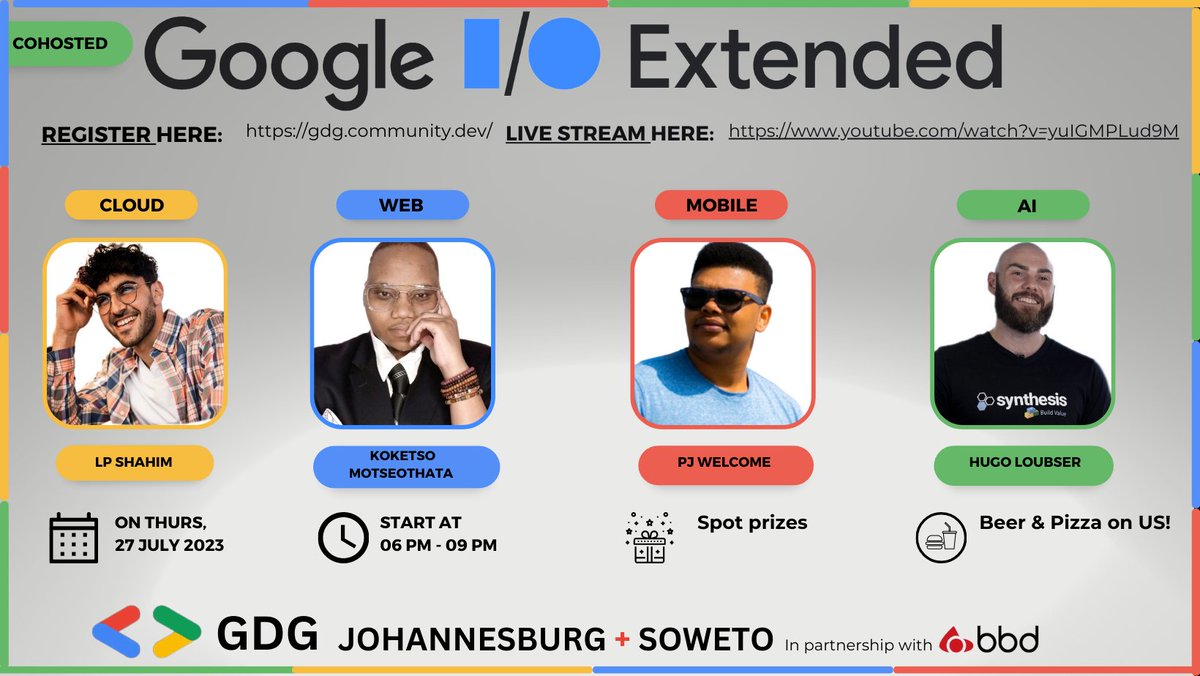 🎉 Join the fun at Google I/O Extended! 🎉 Explore the latest in Cloud ☁️, Web 🌐, Mobile 📱, &amp; AI 🤖. Don’t miss out!

🔗 RSVP: shorturl.at/cwBER
📺 Live Stream:  youtube.com/watch?v=yuIGMP…

#GoogleIOExtended #GoogleIOExtendedJHBxSWT