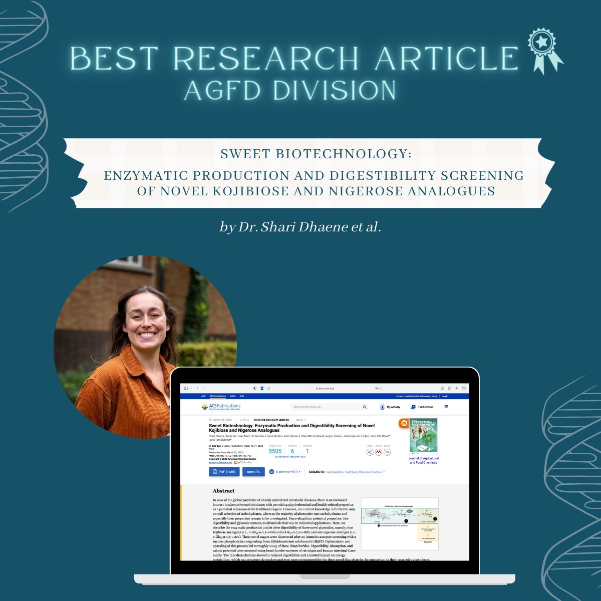 Dr. @DhaeneShari (Glycodirect) & co-authors won this year's Research Article of the Year Award (AGFD Division) with her Sweet Biotechnology paper 🏆
In August she will present her research at #ACSFall2023 in San Francisco!
axial.acs.org/agriculture-an…