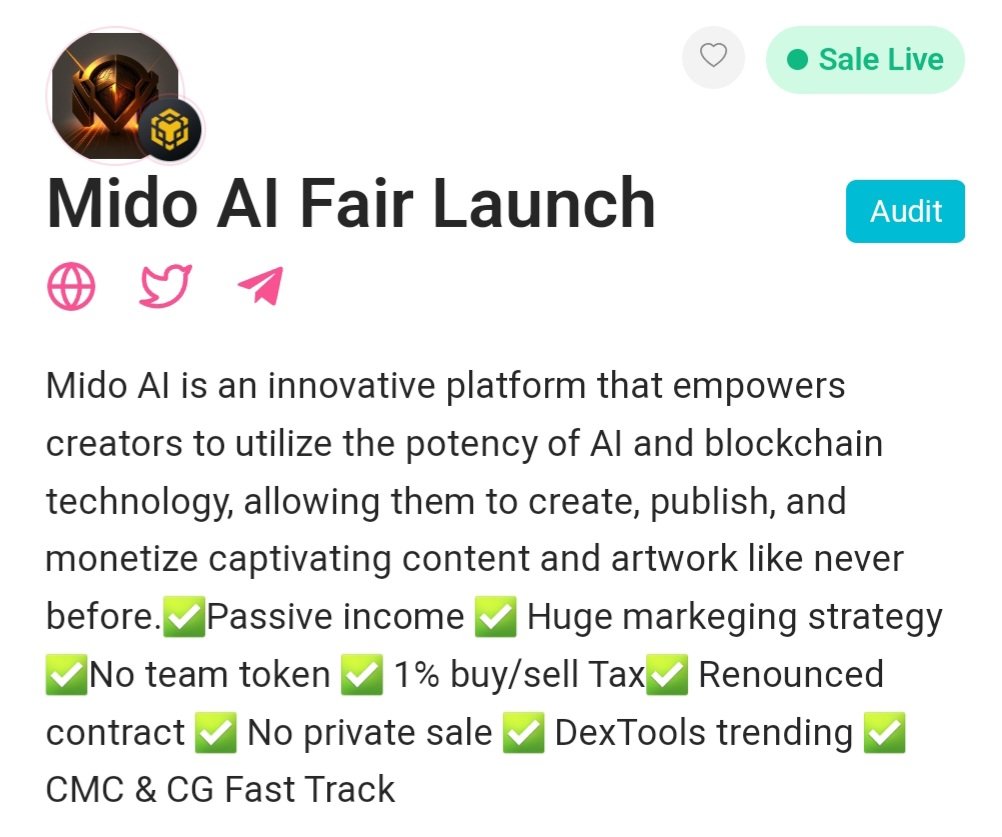 revolut20's tweet photo. About 5 hours to go for @midoaitoken Fairlaunch guys! Really pumped about this Launch!
You can buy here:
https://t.co/s7pbTo1Lzl
🔥Audited
🔥Trending on all possible Platforms after Launch
🔥Telegram and Twitter Calls
🔥Utilities
This one looks juicy!
#Gem #MidoAI https://t.co/kesXrabV9a