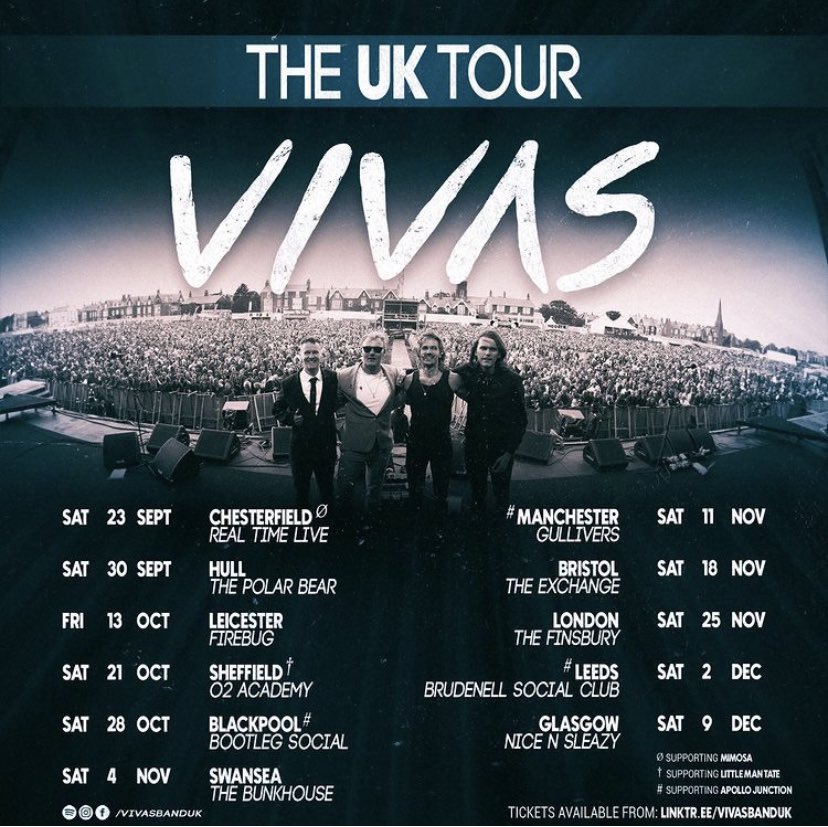 @VivasBandUK 2023 UK headline tour tickets on sale now! 

Tour dates run from September 23rd - December 9th. 

Details and Tickets: 🎫 linktr.ee/vivasbanduk?fb…

#Vivasband #UK #tournews #tour #headlinetour #livemusic #tickets #gigs #onsale #bandsontour