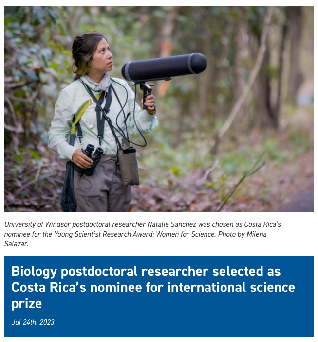 Dan Mennill (@dmennill) on Twitter photo Dr. Natalie Sanchez has been selected as Costa Rica's nominee for the Young Scientist Research Award: Women for Science, by the Academia Nacional de Ciencias. Congratulations <a href="/Nati_SanchezU/">Dr. Natalie V. Sánchez</a>! We're so proud of your nomination! 🐦🇨🇷🍾
Story: uwindsor.ca/dailynews/2023… Dr. Natalie Sanchez has been selected as Costa Rica's nominee for the Young Scientist Research Award: Women for Science, by the Academia Nacional de Ciencias. Congratulations <a href="/Nati_SanchezU/">Dr. Natalie V. Sánchez</a>! We're so proud of your nomination! 🐦🇨🇷🍾
Story: uwindsor.ca/dailynews/2023…
