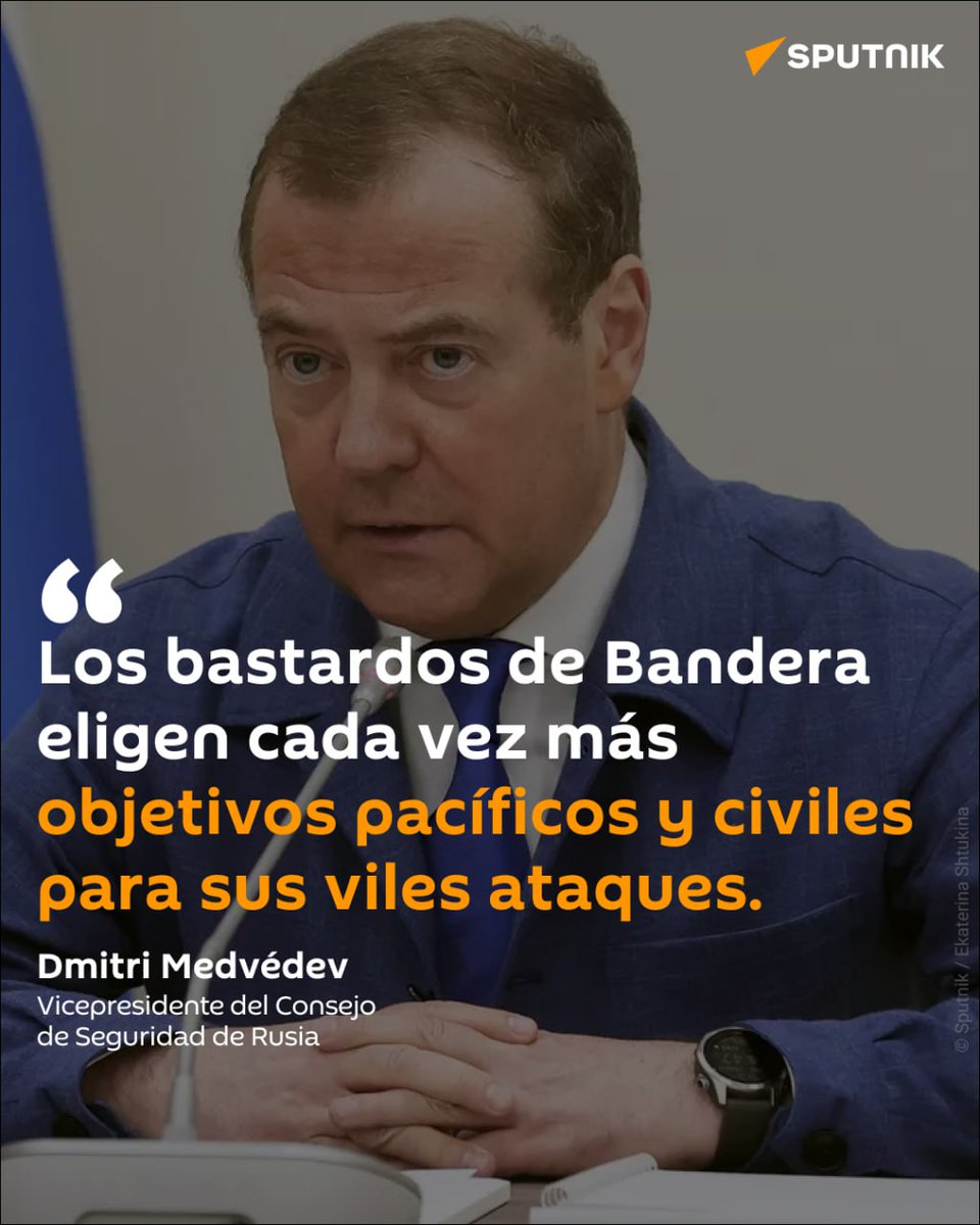 SputnikMundo's tweet photo. "Bastardos de Bandera": Medvédev llama a prepararse contra ataques ucranianos a objetivos civiles

https://t.co/DpiQmFZEvA https://t.co/MIGlL5gfzY