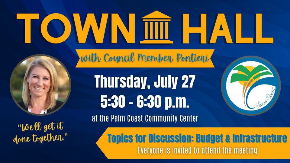 FlaglerGOP's tweet photo. City Councilwoman Pontieri will be hosting an informative Town Hall this Thursday to discuss the City of Palm Coast’s budget and infrastructure. We encourage you to attend. 🇺🇸 https://t.co/nz6QhLwcA3