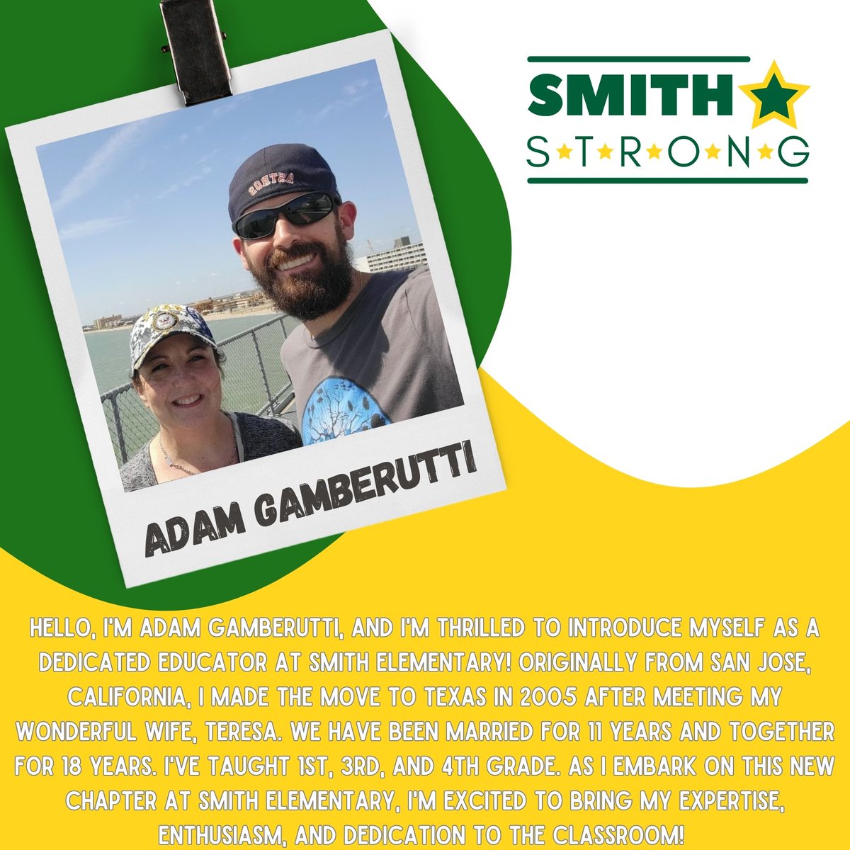 #SMITHSTRONG💪, help us welcome Adam Gamberutti to Smith Elementary! He will be joining our 4th-grade team here at Smith Elementary!💪💚⭐️
