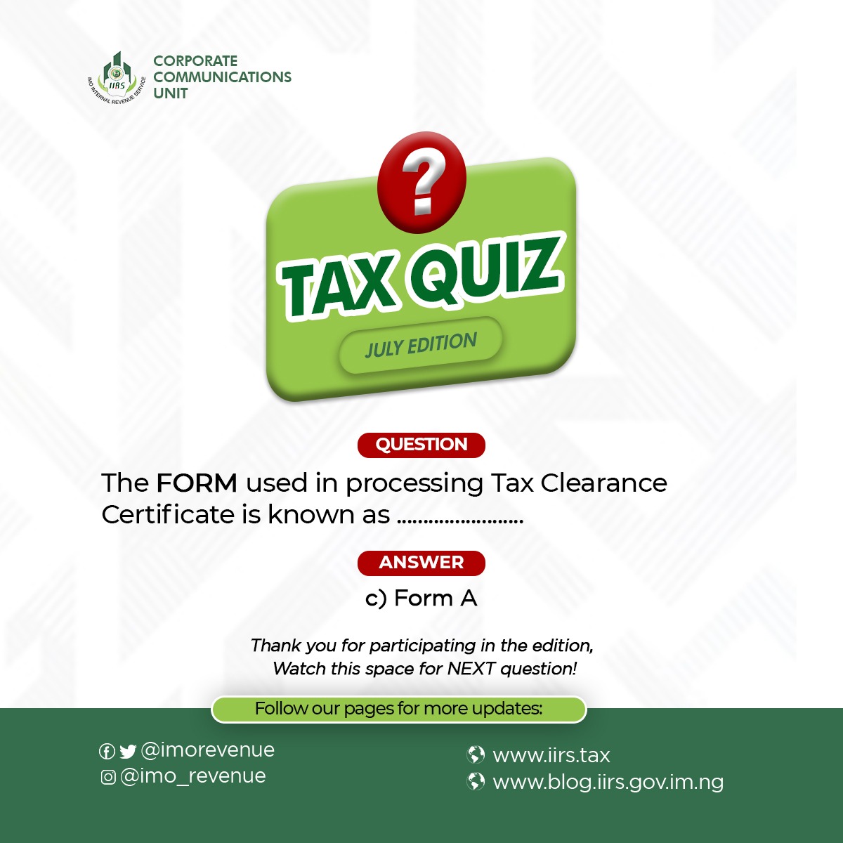 #TaxQuizAnswer #TCC #FormA 
#TaxEducation #ImoRevenue