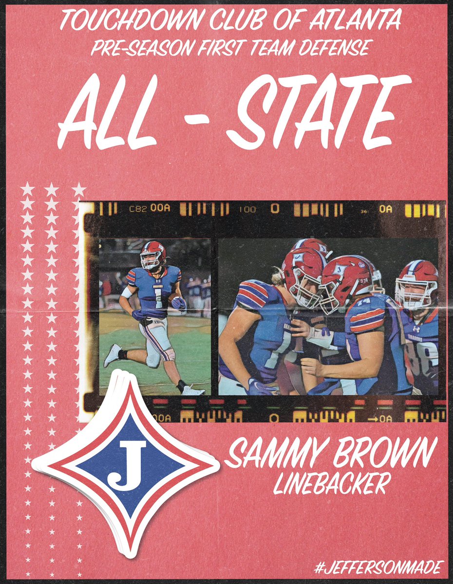 Congratulations to Senior LB Sammy Brown for being named to the @Atl_TD_Club Pre-Season 1st Team All State Team!

#JeffersonMade