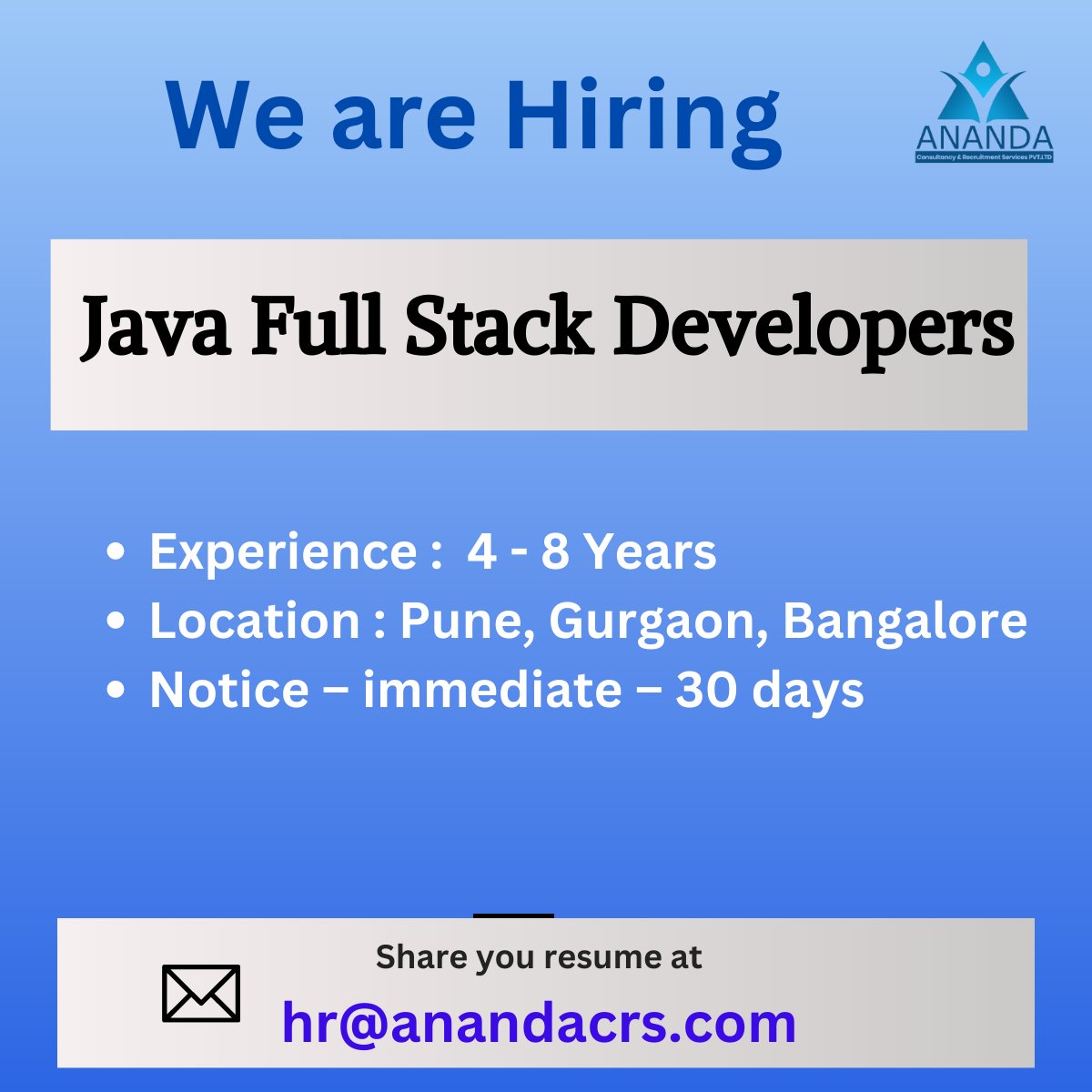 We are Hiring!

 Share your resume at hr@anandacrs.com

#javafullstackdeveloper #javajobs #javafullstack #experience #hiring #punejobs #gurgaonjobs #bangalorejobs #itjobs #softwarejobs #software #softwaredevelopment #immediatejoiner