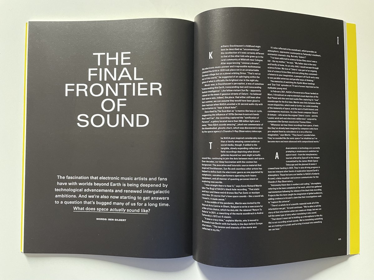 What does space sound like and why has it pulled generations of sonic pioneers into its tractor beam? In the latest edition of @ElectronicMagUK, I asked @thebugzoo, @chrisrwatson and NASA's @kimberlykowal to explain. With thanks to @vel_ilic for indulging my cosmic ambitions