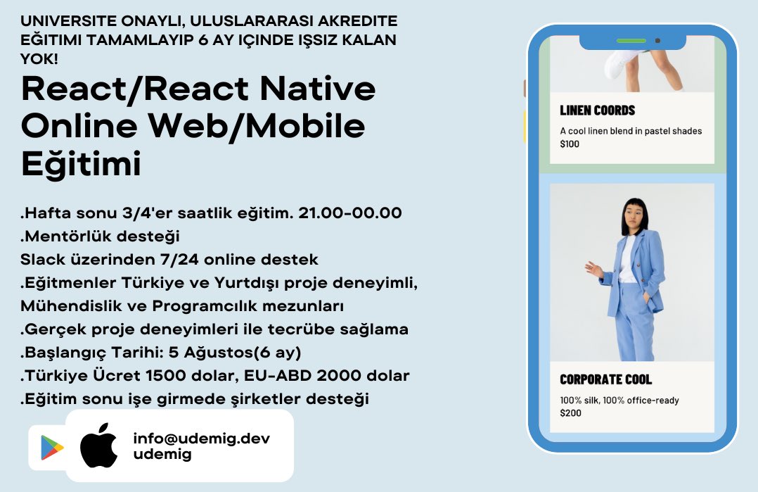 6 AYDA HAYATINI DEĞİŞTİR!

React/React Native ile Web/Mobile Online Yazılım Eğitimi
Eğitimi tamamlayıp 6 ay içinde İşsiz Kalan Yok
Uluslararası Akrediteli, Üniversite Onaylı ve E-Devlet'te Görünür Sertifikalı.
Dünyada en çok kullanılan ve en çok iş olanağına sahip olan teknoloji!
