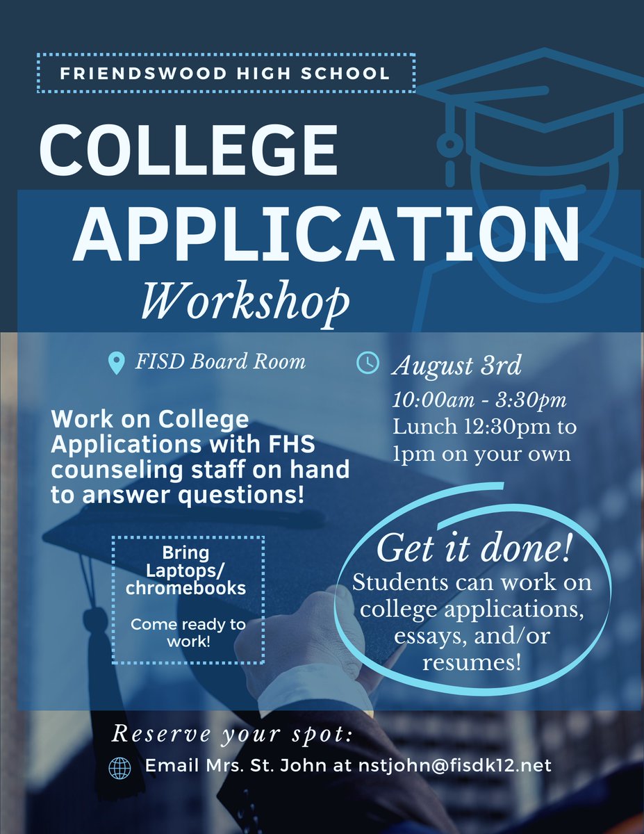 Friendswood High School (@fhsmustangs) on Twitter photo Just a reminder to all incoming FHS seniors: There will be a College Application Workshop on Aug 3rd. See flyer below for more details! We still have a few spots available, so email Mrs. St. John at nstjohn@fisdk12.net to reserve your spot! <a href="/friendswoodisd/">Friendswood ISD</a> <a href="/FISDEdFd/">Friendswood ISD Education Foundation</a> Just a reminder to all incoming FHS seniors: There will be a College Application Workshop on Aug 3rd. See flyer below for more details! We still have a few spots available, so email Mrs. St. John at nstjohn@fisdk12.net to reserve your spot! <a href="/friendswoodisd/">Friendswood ISD</a> <a href="/FISDEdFd/">Friendswood ISD Education Foundation</a>
