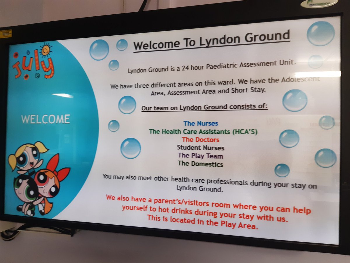 EssieLi2020's tweet image. Caring &amp;amp; informative digital comms  screen on Lyndon Ground paeds assessment unit @SWBHnhs for staff, patients &amp;amp; families. You'll need to have a look to find out how good it is. Very well done Nash, Kieran &amp;amp; Team Lyndon Ground #fundamentalsofcare 👍❤🎊