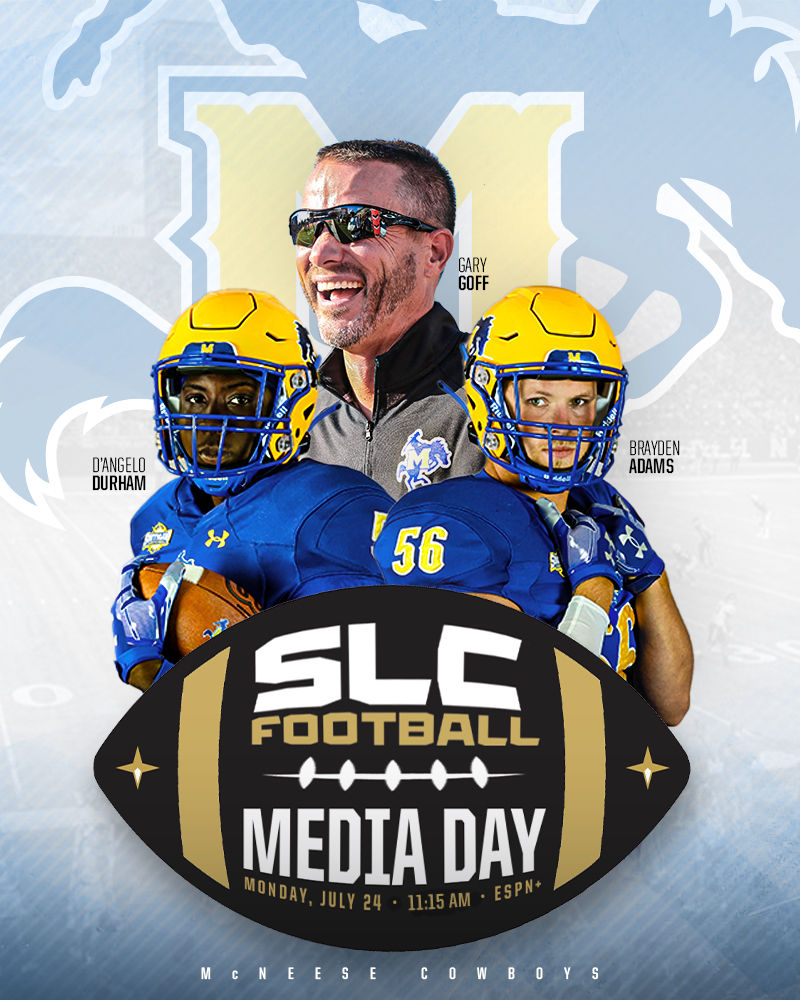 The McNeese Cowboys are coming up NEXT on Southland Football Media Days! ✅ Head Coach Gary Goff ✅ D'Angelo Durham ✅ Brayden Adams Tune in NOW! 📺 | rebrand.ly/slcfbmediaday23 #EarnedEveryDay