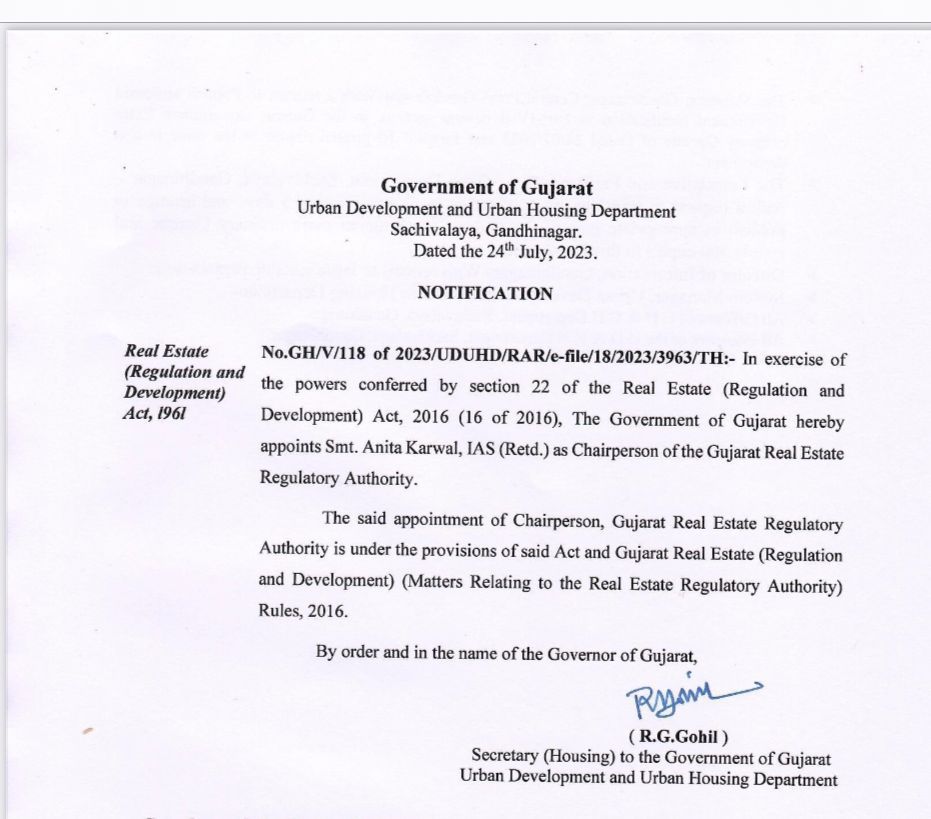 kuldeep_2105's tweet photo. After a long wait of almost nine months Gujarat Government finally appoints Smt. Anita Karwal IAS (retd.) as the new Chairperson of Gujarat RERA. 

#GujRERA #Gujarat #realestate https://t.co/n7GMqAYjJP