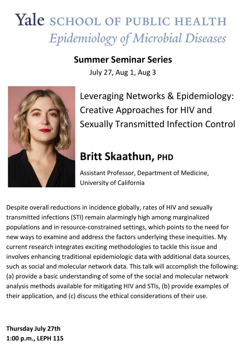 CIRA at Yale Univ. (@ciraatyale) on Twitter photo Join on Thursday, July 27, 1:00 pm for the next <a href="/YaleEMD/">Yale Epidemiology of Microbial Diseases</a> Summer Seminar. Further details and RSVP info here: ysph.yale.edu/event/britt-sk… <a href="/YaleSPH/">Yale School of Public Health</a> Join on Thursday, July 27, 1:00 pm for the next <a href="/YaleEMD/">Yale Epidemiology of Microbial Diseases</a> Summer Seminar. Further details and RSVP info here: ysph.yale.edu/event/britt-sk… <a href="/YaleSPH/">Yale School of Public Health</a>