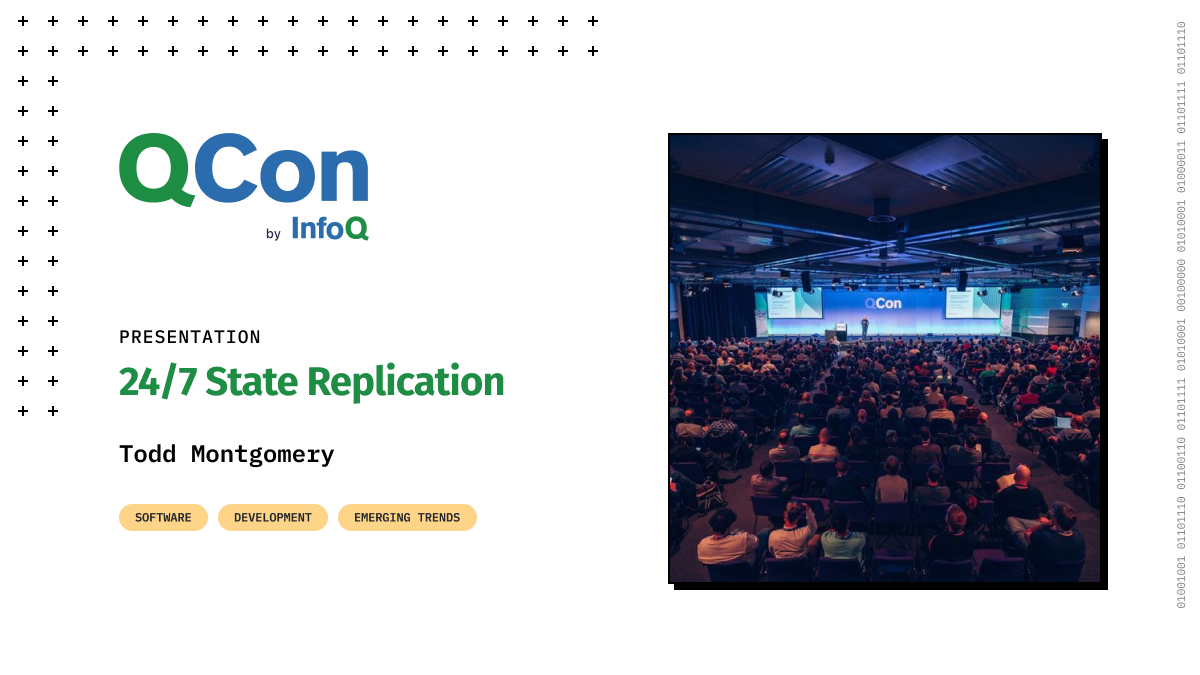 InfoQ's tweet photo. Presentation: "The 24/7 State Replication". π Todd Montgomery discusses lessons learned in designing systems, especially those based on replicated state machines, that need to continue operating when things go wrong: https://t.co/qL4OZJZKBG
#QConPlus #ModernBackends https://t.co/yOyA2OkzWt