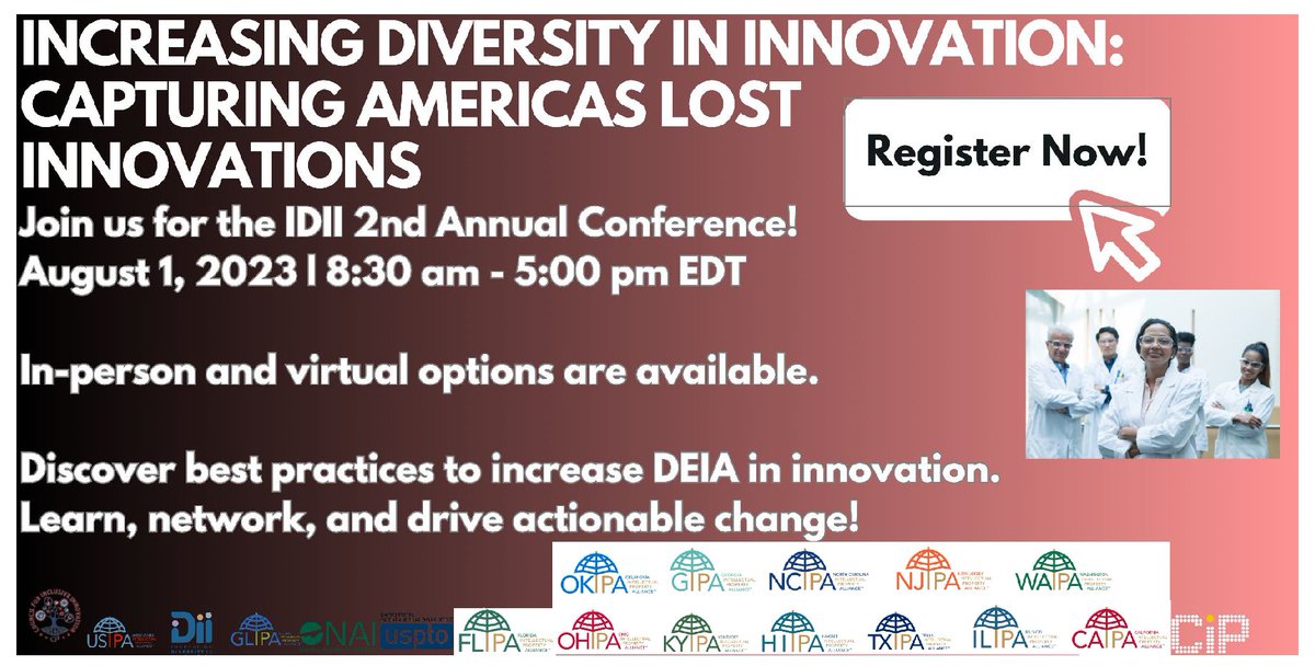 Join the <a href="/USIPA/">Tricia Droney</a> for the hybrid Increasing Diversity in Innovation conference on August 1st. 
#increasingdii #patents #losteinsteins #inventordiversity

Register at hubs.la/Q01YDVDF0