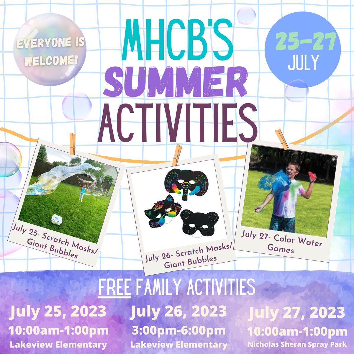 Join us for another week of FREE FAMILY FUN! We will be at Lakeview Elementary on Tuesday and Wednesday and Nicholas Sheran Spray Park on Thursday. Hope to see you there!