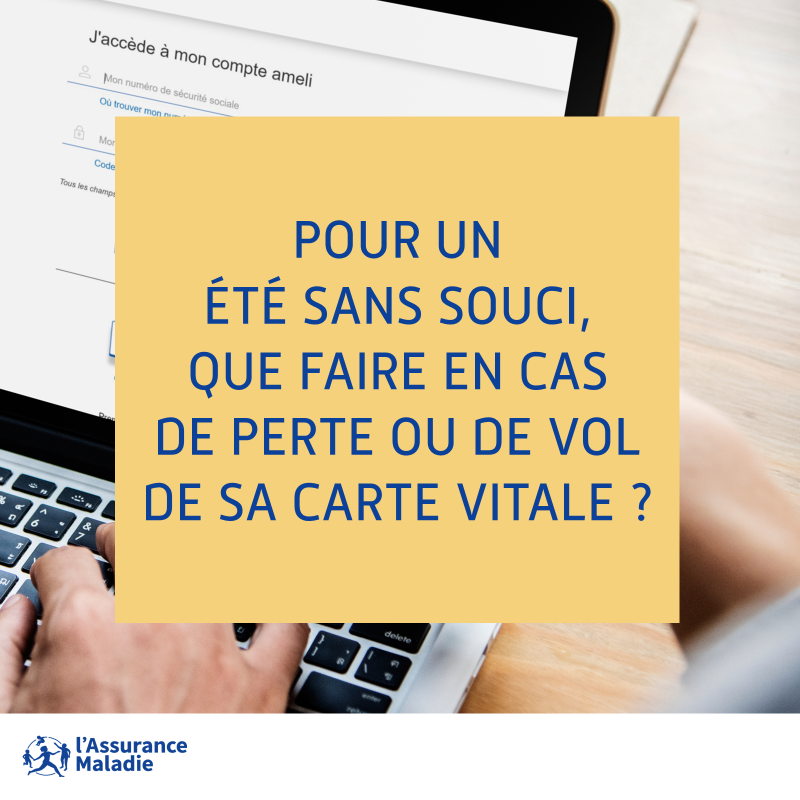 Assur_Maladie's tweet photo. #ÉtéSansSouci | Quand on perd ou que l’on se fait voler sa #carteVitale, il faut le signaler rapidement à l’Assurance Maladie pour ne pas qu’elle soit utilisée par une autre personne 🧑‍💻✅

Cela se fait facilement en ligne à partir du #compteAmeli, rubrique « Mes démarches » ⤵️