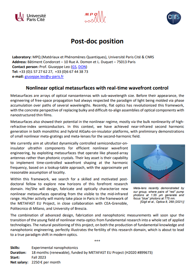 dfis_polimi's tweet photo. 📢New Post-Doc position at #METAFAST project in partnership with @univ_paris_cite 🇫🇷
In the field of #nanophotonic #Physics #engineering and a focus on #Nonlinear #optical #metasurfaces
#semiconductor
🔗https://t.co/HAM3556EGz https://t.co/4K4BsIVh3J