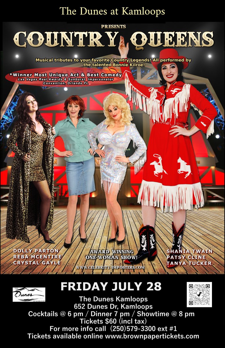 Join us for a fun night of Country Queens! An award winning one woman show! 💃🤠

Tickets are $60 (tax included) and comes with:
6PM Cocktails
7PM Dinner
8PM Show

Tickets are available here: brownpapertickets.com/event/6028637