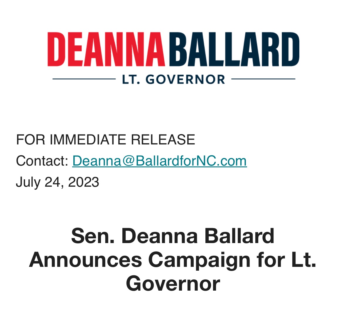 #ncpol: former NC Senator <a href="/DeannaBallardNC/">Deanna Ballard</a> launches campaign for Lt. Governor #ncga