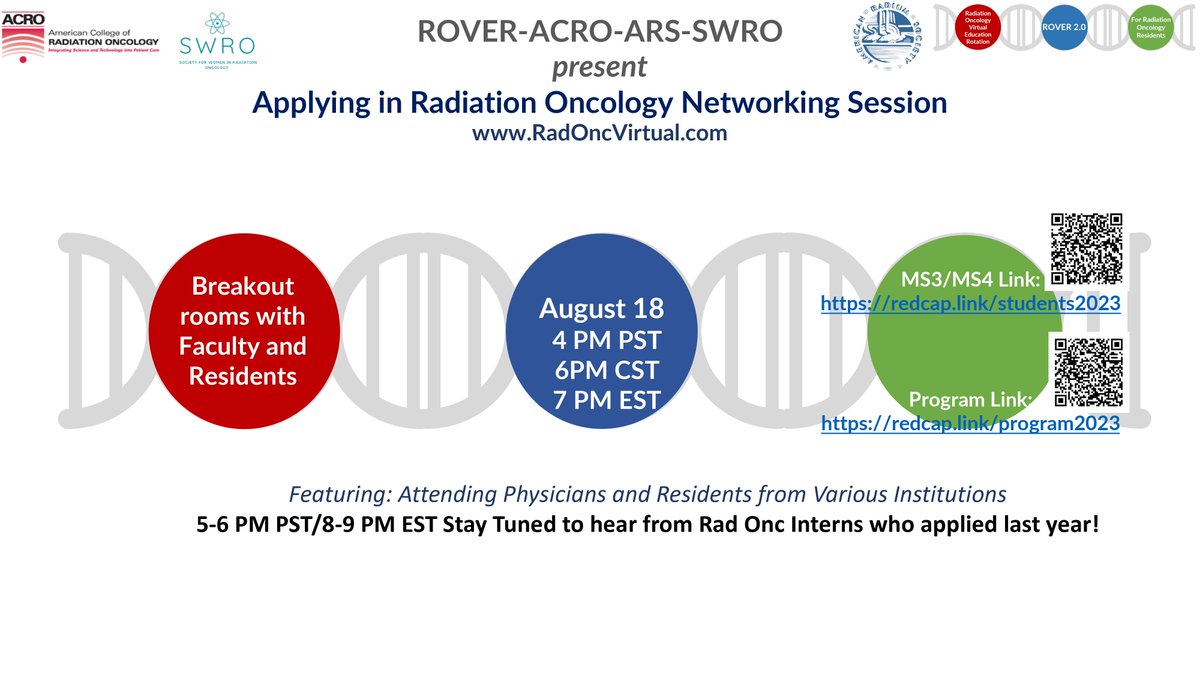 ACRO is partnering with <a href="/RadoncROVER/">ROVERRO</a>, <a href="/ArsRocket/">ARS ROCKET🚀</a>, &amp; <a href="/S_W_R_O/">SWRO</a> for the annual "Applying in #RadOnc Networking Session" on August 18 at 7:00 pm EST / 4:00 pm PST. The live webinar will include breakout rooms with faculty and residents. Register using the links on the attached flyer!