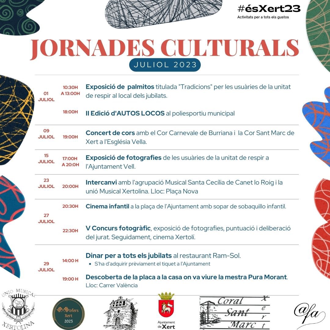 ACFAXert's tweet photo. XERT. Programació cultural interessant per a juliol i agost. Feu-li un cop d’ull. Els pròxims dies vos anirem fent alguna proposta. https://t.co/vVkq7M8abb