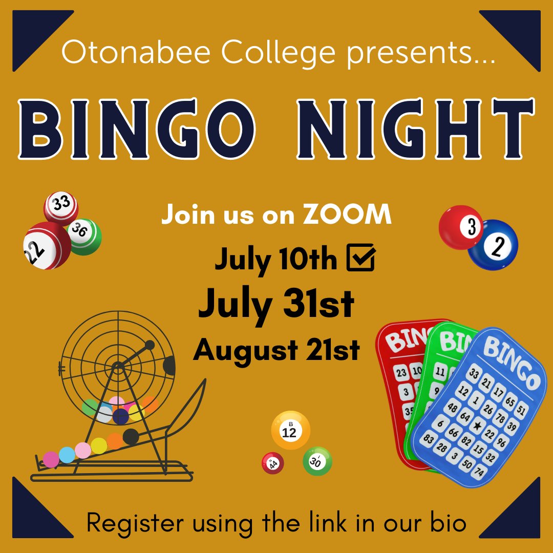 Your next chances to win a prize bag and play some bingo are July 31st and August 21st from 6-7pm! All Trent students are able to register as this event will be hosted over zoom, but prize bags must be picked up in the OC office! Register using the link in our bio! #oc #otonabee