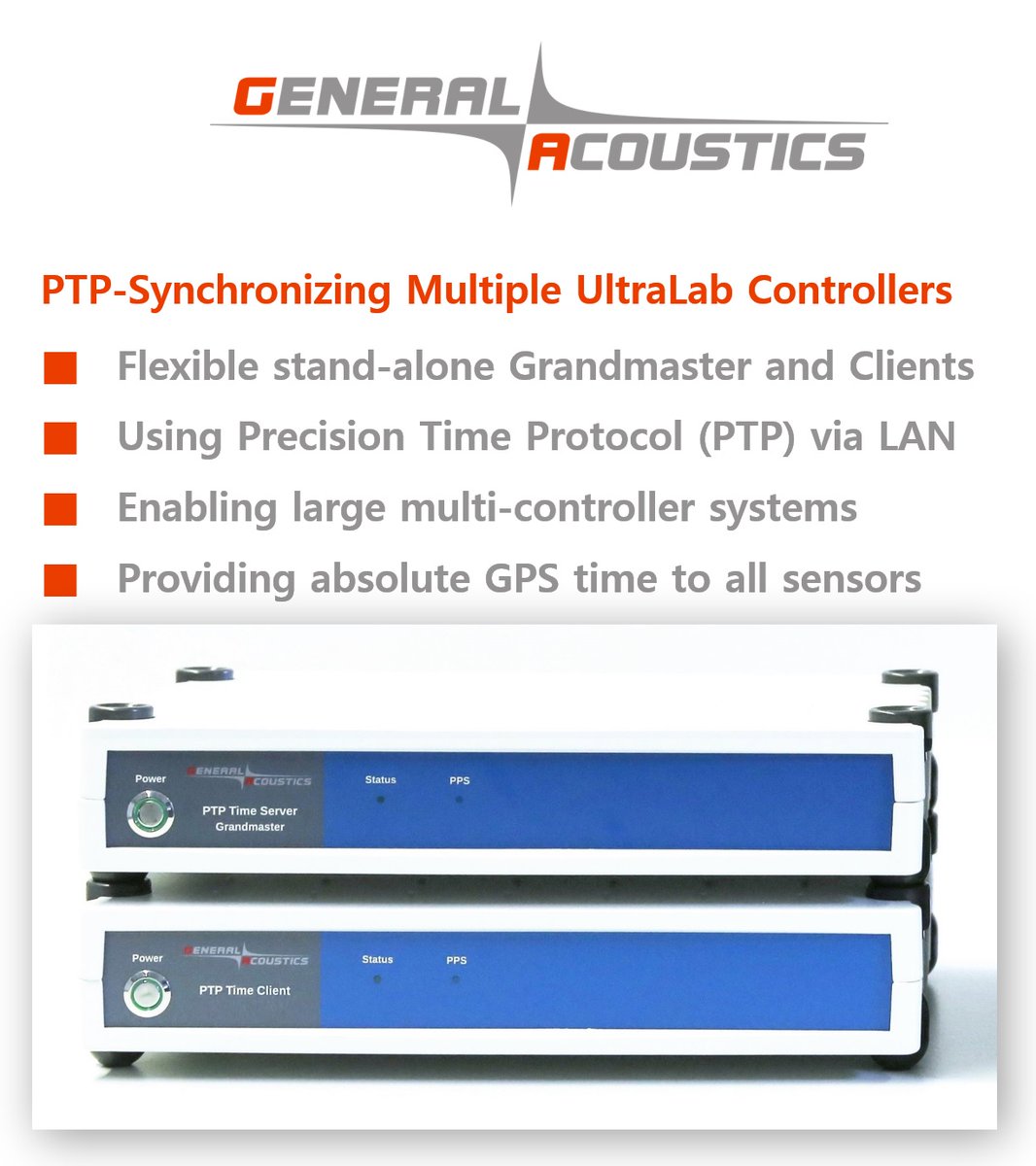 #GeneralAcoustics established a new generation of stand-alone devices providing Precision Time Protocol (#PTP) based synchronization to multiple #UltraLab controllers via LAN. This technology allows to fully synchronize multiple UltraLab controllers with extended flexibility.